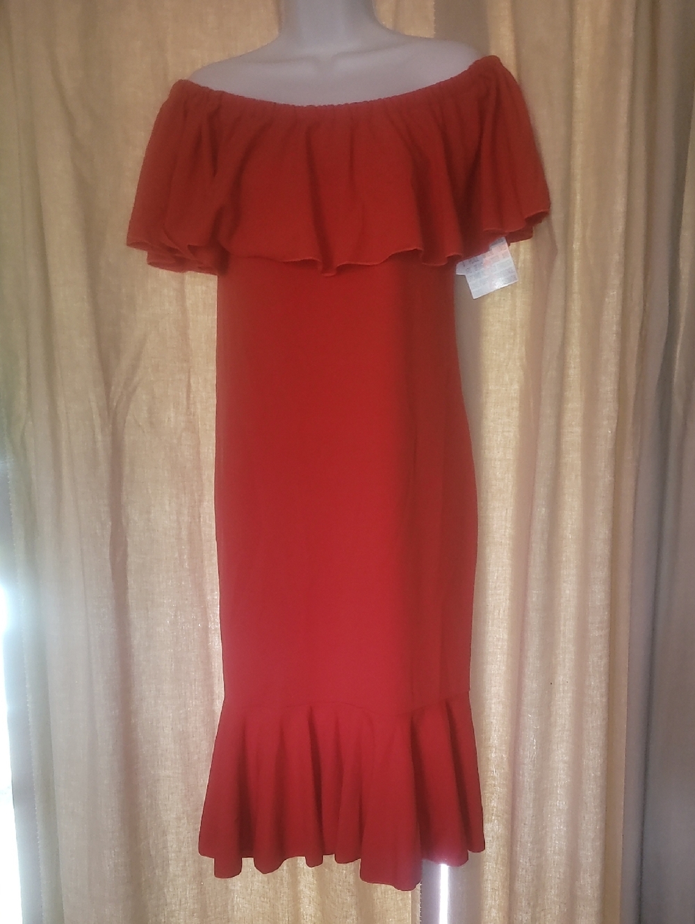 LuLaRoe Off-Shoulder Red Ruffle CICI Midi Dress